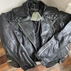 All Saints Black Bomber Jacket with Quilted Shoulders and Zipper Details